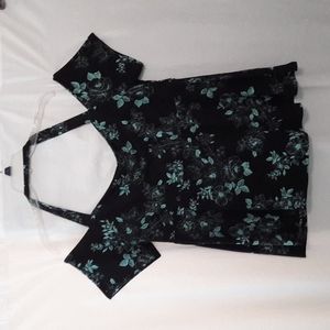 TORRID Top Size 2 Halter Back Cold Sholders Short Sleeve  Black Teal …